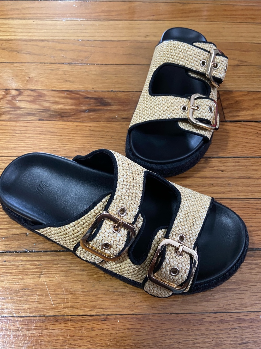 H&M Tan Woven Double-Buckle Sandals with Black Footbed